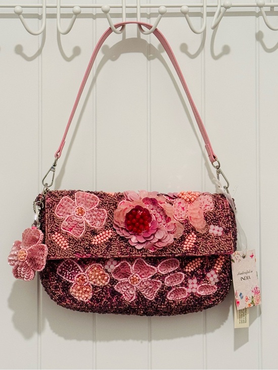 Handcrafted in India Handbags - NWT Handmade in India Pink Floral Beaded Shoulder Bag with Detachable Charm